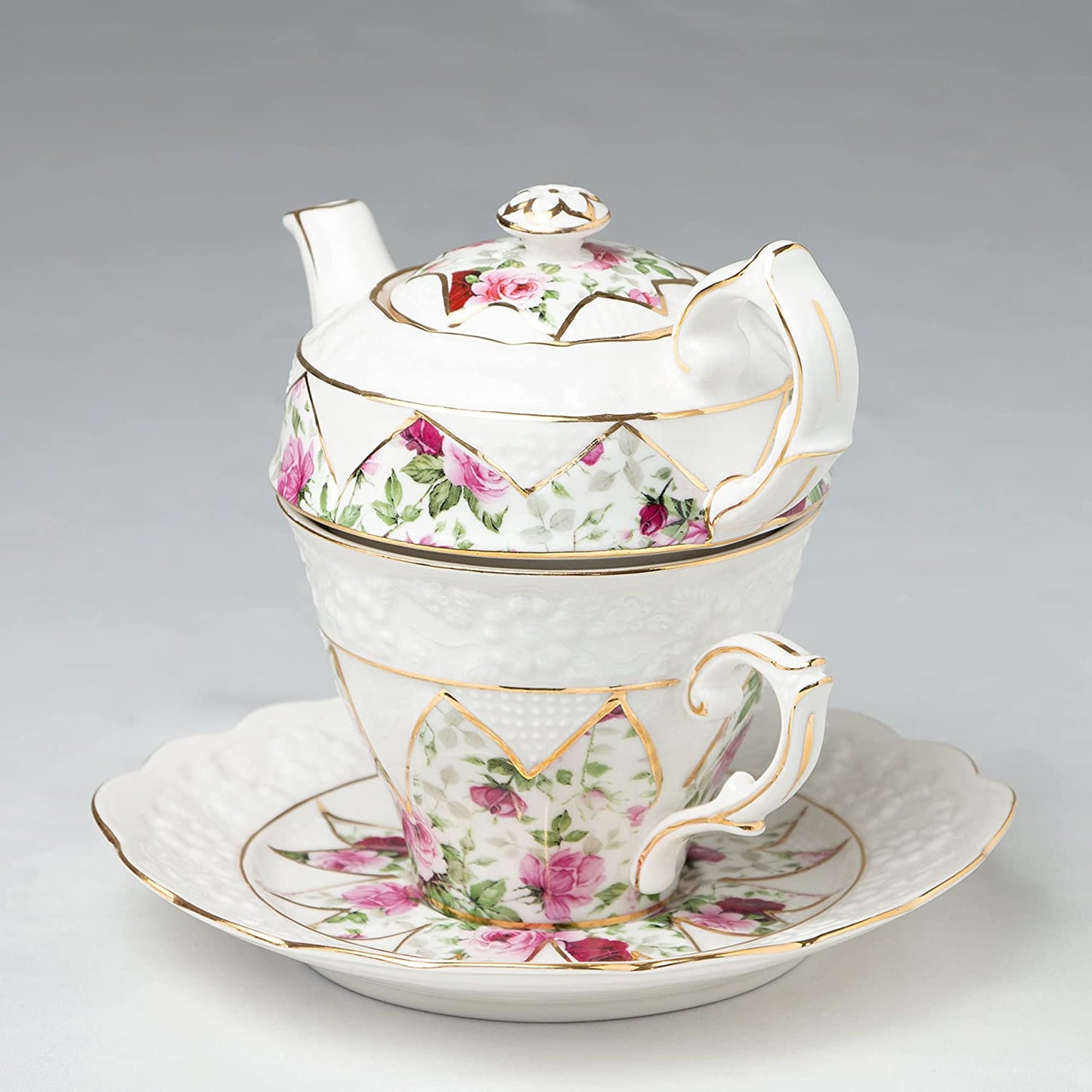 Gracie China by Coastline Imports 4-Piece Porcelain Tea for One, Stacked Teapot Cup Saucer, Red Rose