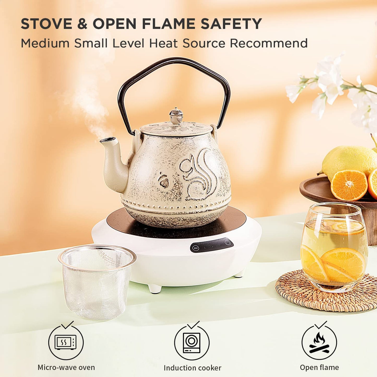 KOFPAR Tea Kettle, Japanese Cast Iron Teapot with Removable Stainless Steel Infuser, Cast Iron Tea Kettle Stovetop Safe, Tetsubin Coated with Enamel Interior (950 ml/33 oz)
