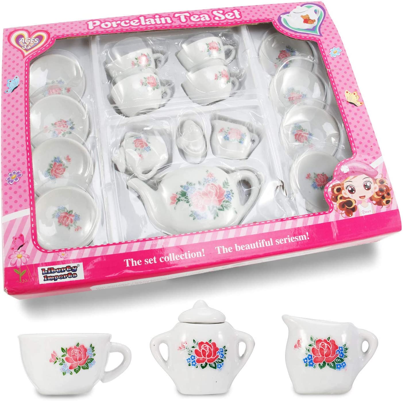 17 Piece Rose Flower Miniature Porcelain Ceramic Tea Set