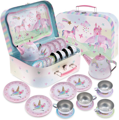 15 Piece Kids Pretend Toy Tin Tea Set & Carrying Case