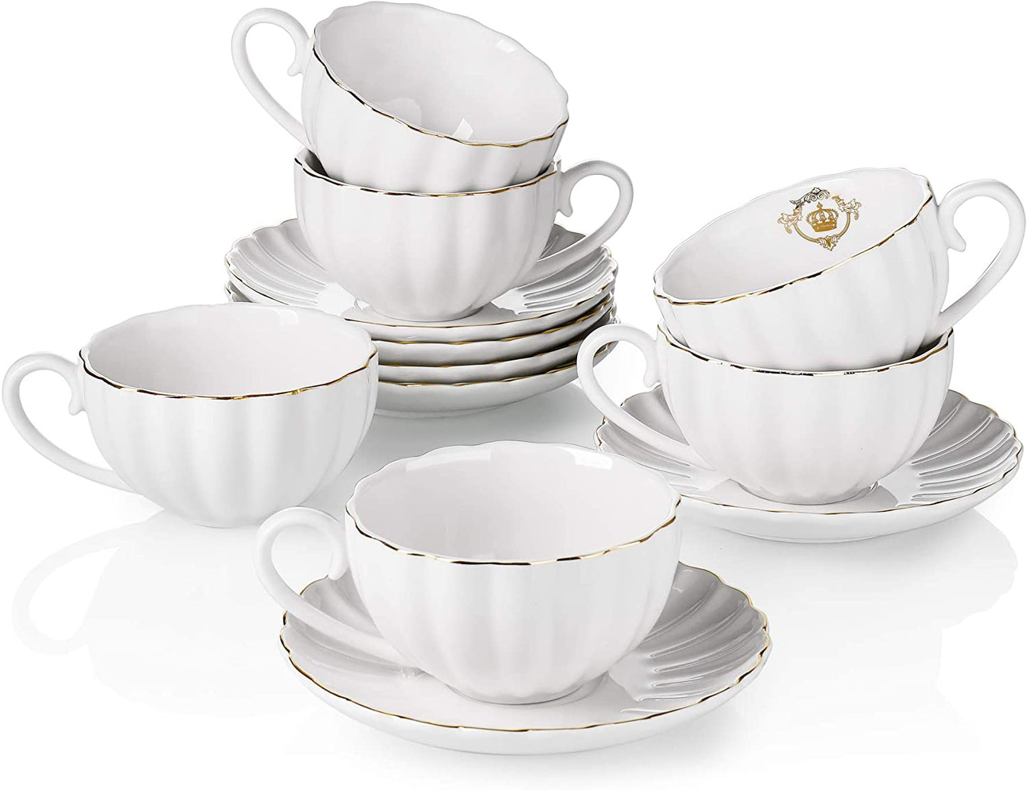 Amazingware Royal Tea Cups and Saucers, with Gold Trim and Gift Box, British Coffee Cups, Porcelain Tea Set, Set of 6 (8 oz)- White