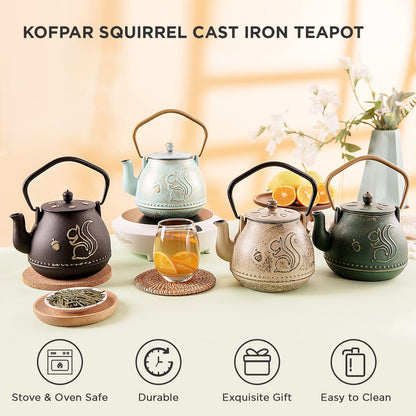 KOFPAR Tea Kettle, Japanese Cast Iron Teapot with Removable Stainless Steel Infuser, Cast Iron Tea Kettle Stovetop Safe, Tetsubin Coated with Enamel Interior (950 ml/33 oz)
