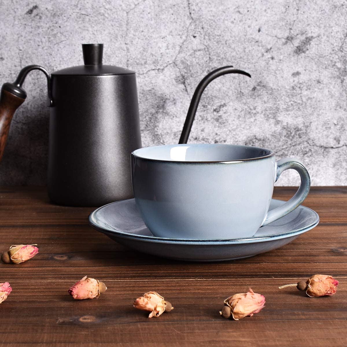 Bosmarlin Coffee Cup Mug with Saucer for Latte, Cappuccino, Tea, 8.5 Oz, Dishwasher and Microwave Safe, Reactive Glaze, 1 Pcs(Lake blue, 1)