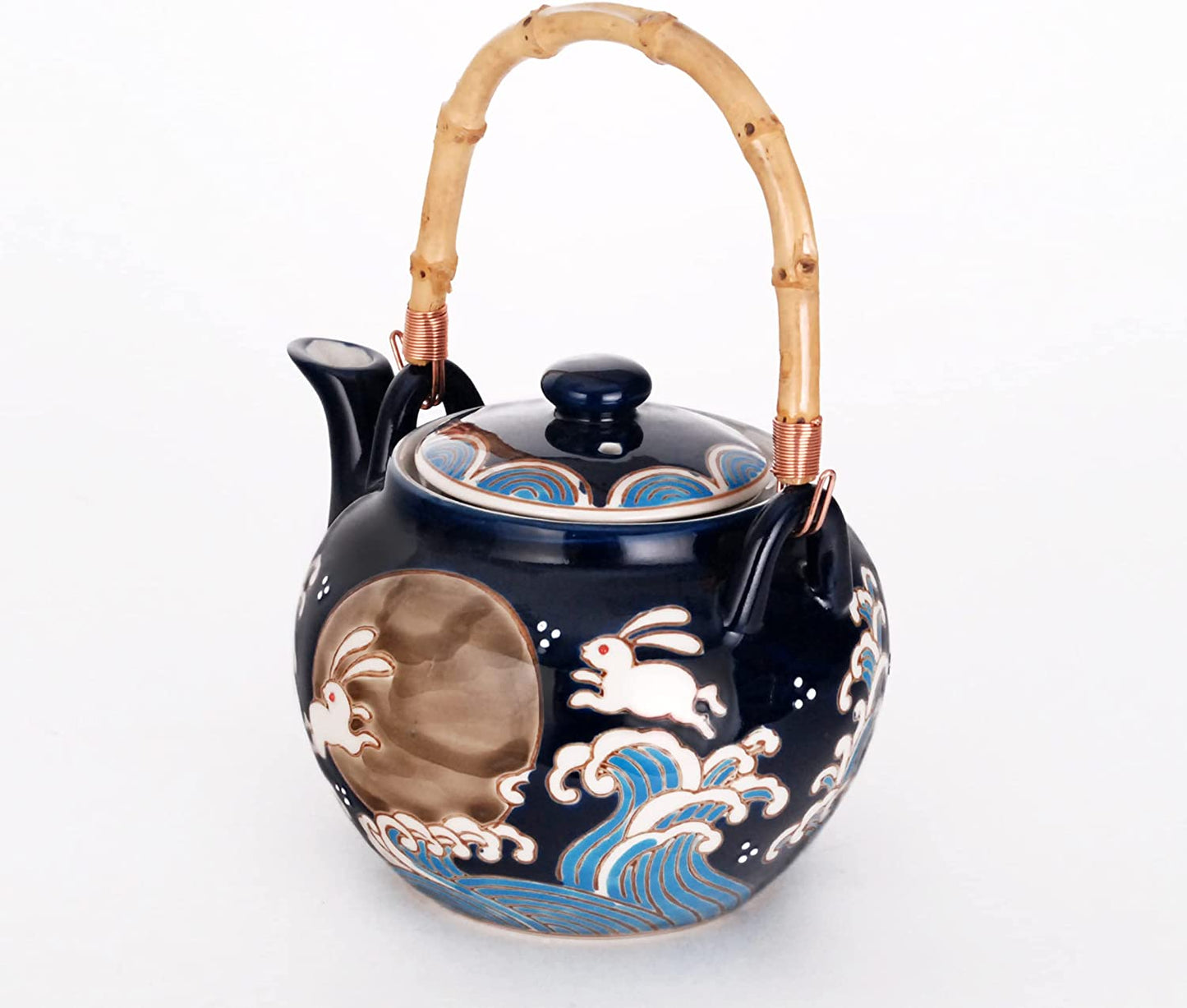 Hinomaru Collection Japanese Style Moon Rabbit Design 25 fl oz Ceramic Teapot with Rattan Handle and 4 Tea Cups Set