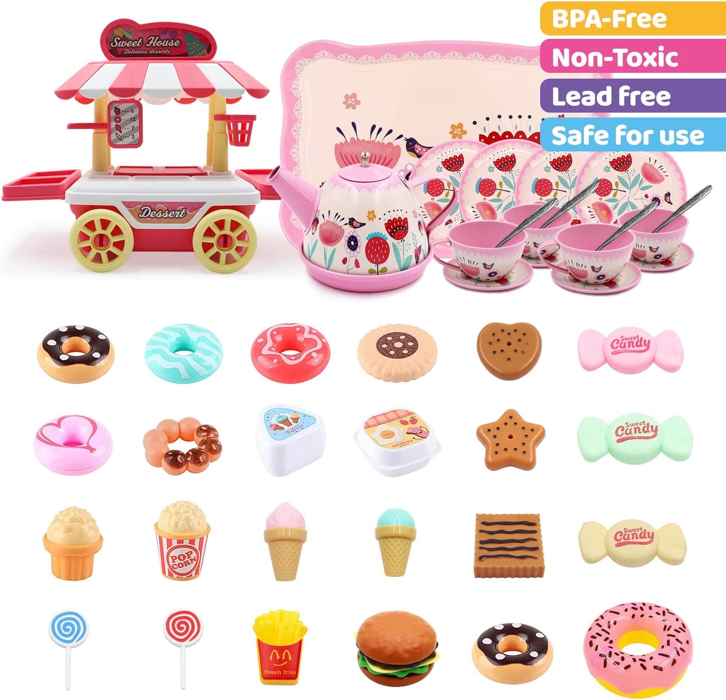 44PCS Tea Set for Little Girl, Princess Tea Time Toys Playset