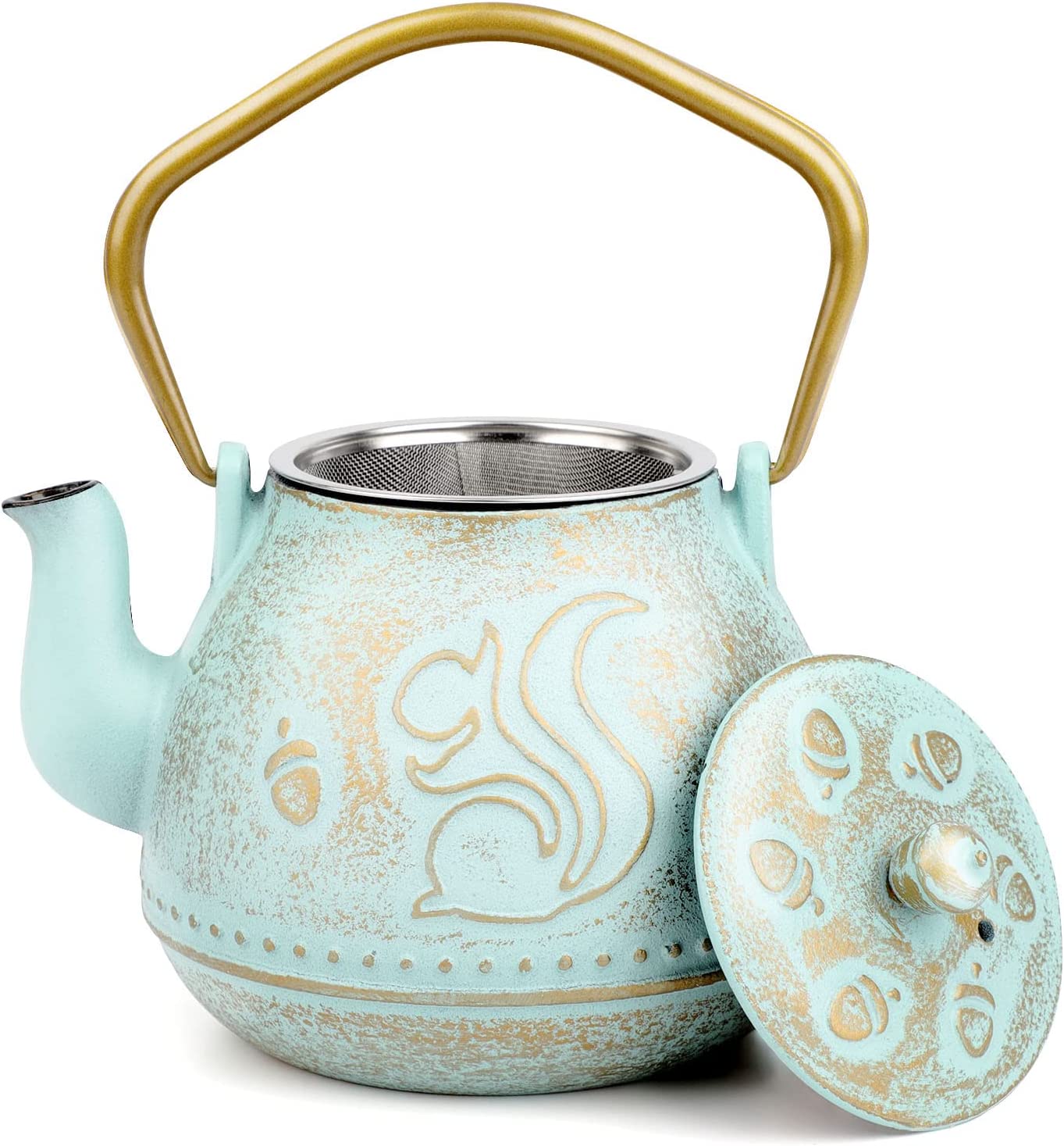 Toptier Tea Kettle for Stove Top, Cast Iron Teapot Stovetop Safe with Infusers for Loose Tea, 22 oz, Light Green
