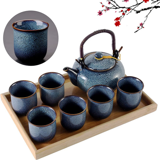 Kiln Porcelain Japanese Tea Set for 6with 1 Teapot, 6 Tea Cups & 1 Tea Tray