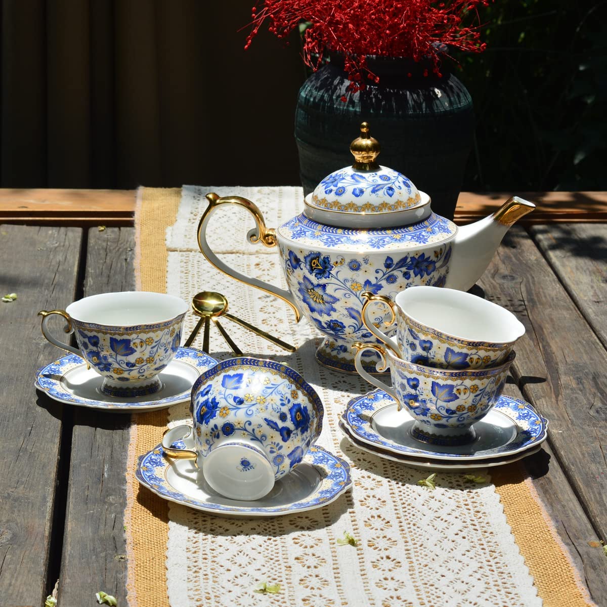 Red New Bone China Tea Set with Teapot & 4 Tea Cups