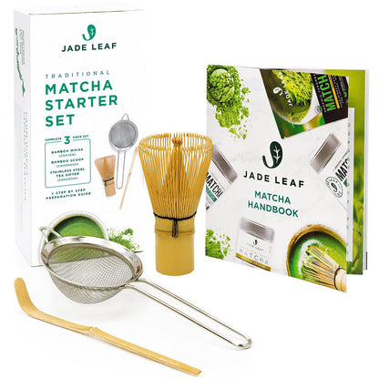 Jade Leaf - Complete Matcha Ceremony Set - Bamboo Matcha Whisk and Scoop, Stainless Steel Sifter, Stoneware Bowl & Whisk Holder, Prep Guide