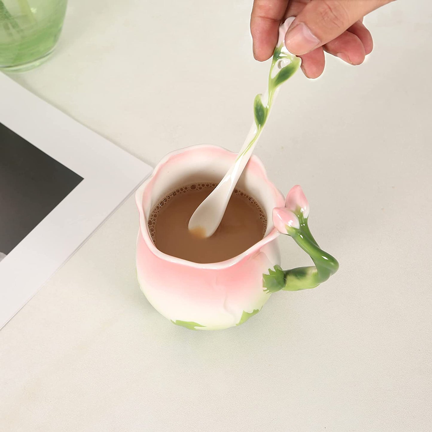 ENCOFT Ceramic Tea Cups Flower Tea Cup Set for Women with Spoon Rose Shape Design Mushroom Cup Gifts (Blue)