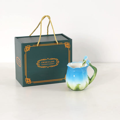 ENCOFT Ceramic Tea Cups Flower Tea Cup Set for Women with Spoon Rose Shape Design Mushroom Cup Gifts (Blue)