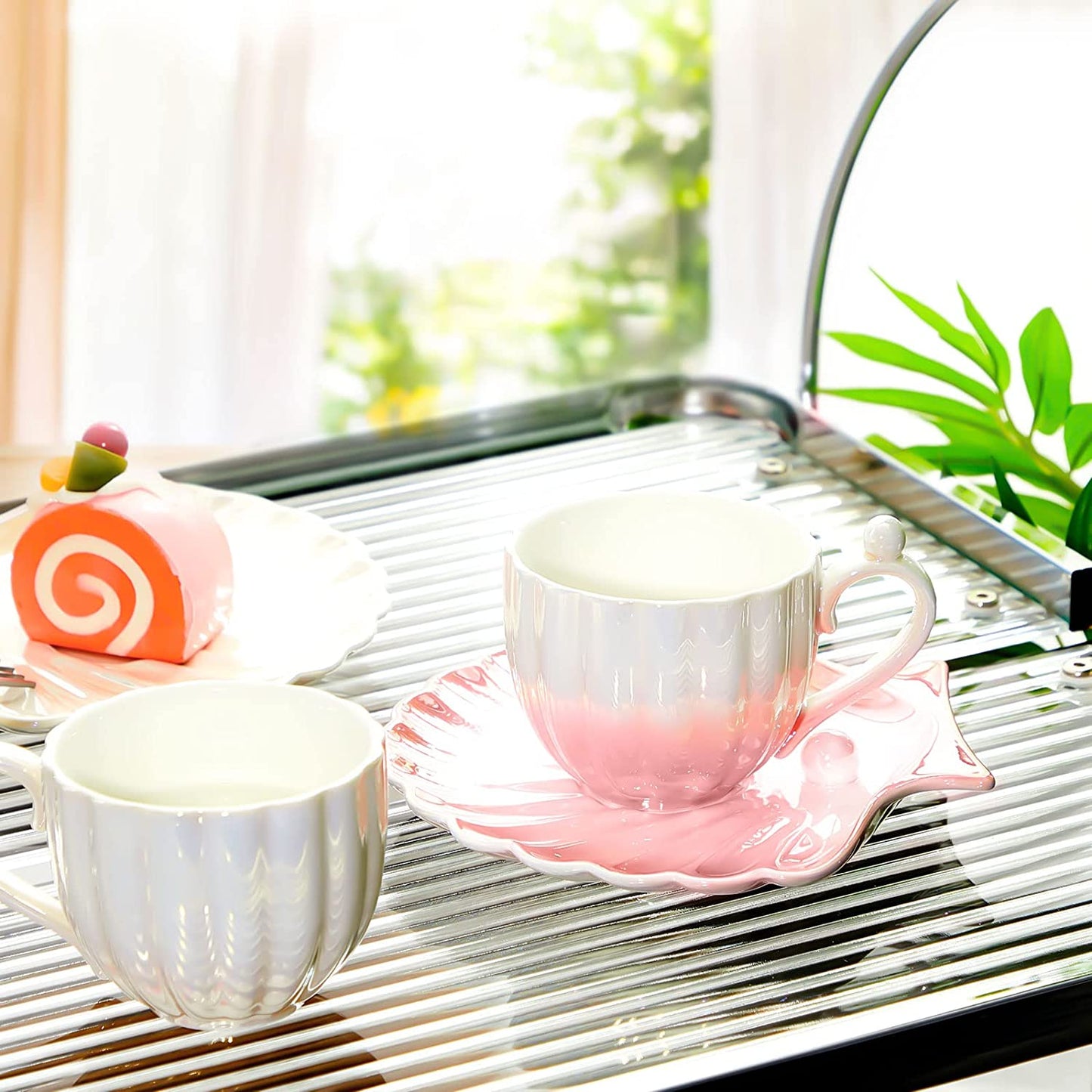 2 Pieces Ceramic Cloud Mug Cute Cup with Coaster 7oz Cute Ceramic Coffee Mug with Saucer Set for Office Home Coffee Tea Latte Milk, Pink and Pearl White (Chubby)