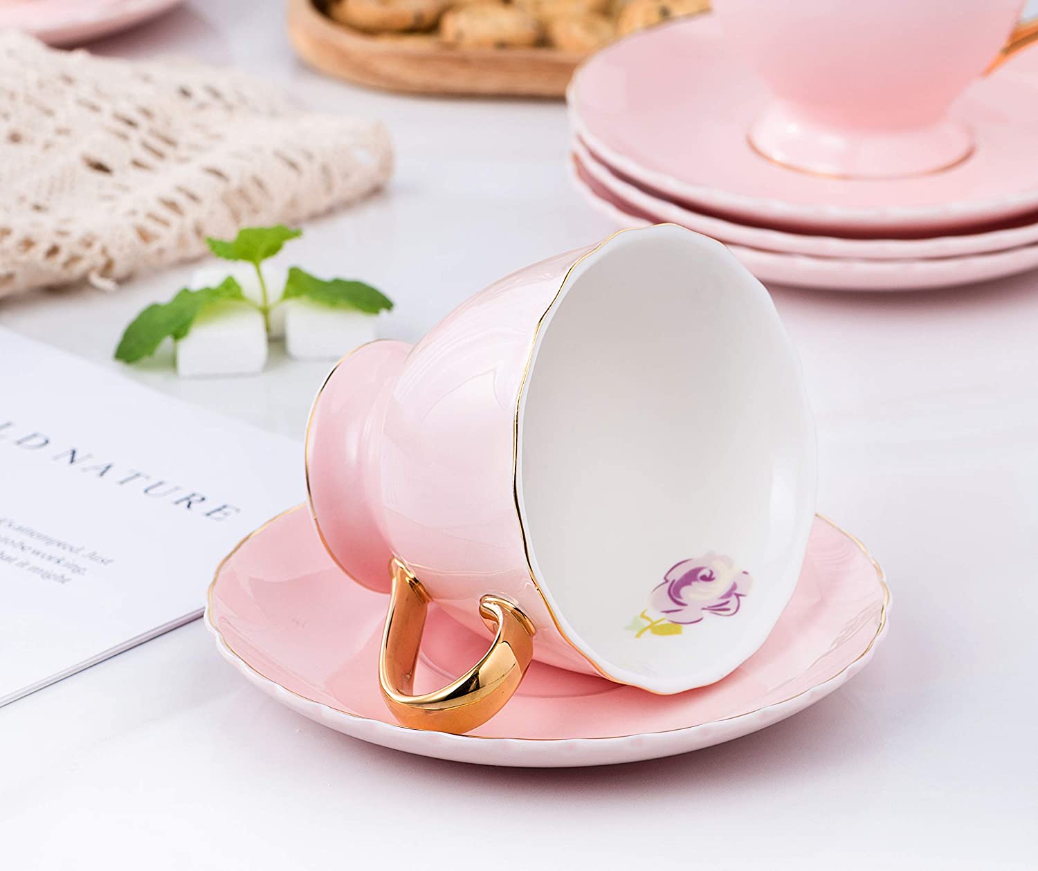 Amazingware Royal Tea Cups and Saucers, with Gold Trim and Gift Box,  British Coffee Cups, Porcelain Tea Set, Set of 6 (8 oz)- Pink