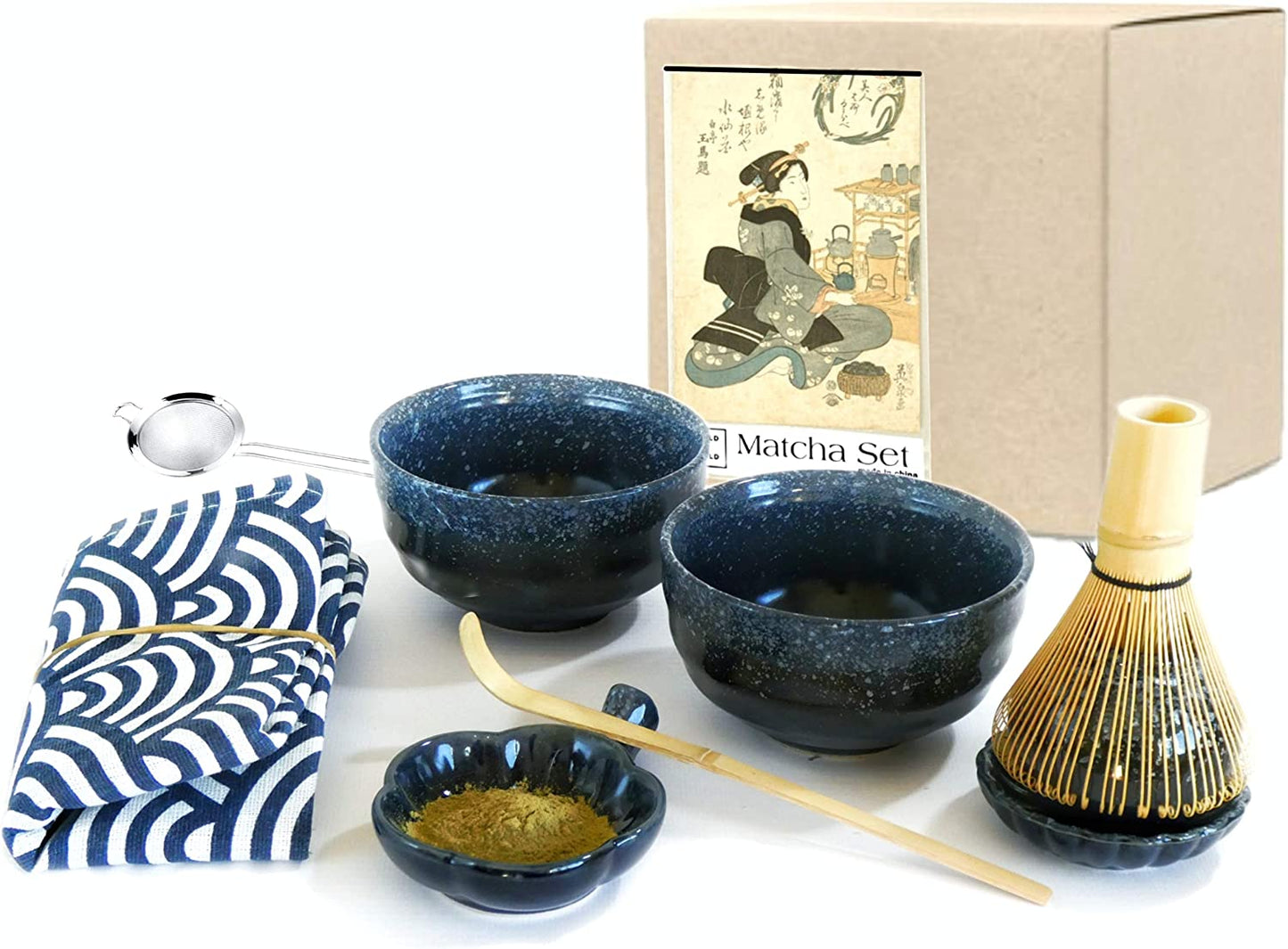 Harold & Harold 9 Pieces Matcha Starter Tea Set. 2 Bowl Kit With Japanese Ceremony Style Bamboo Whisk Mixer 2 Piece Special Unique Anti Drip Holder And Traditional Table Runner. Exclusive Accessories