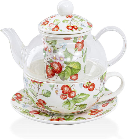 Grace Teaware 5-Piece Glass Porcelain 13-Ounce Tea For One With Infuser (Floral Strawberry Field)