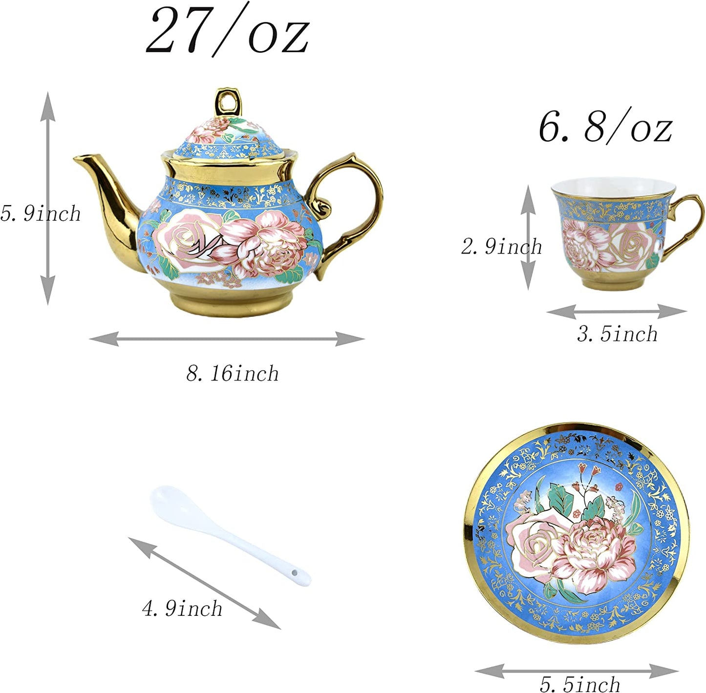 Gilded Pastel Garden 20 Pieces Porcelain Tea Set With Metal Holder