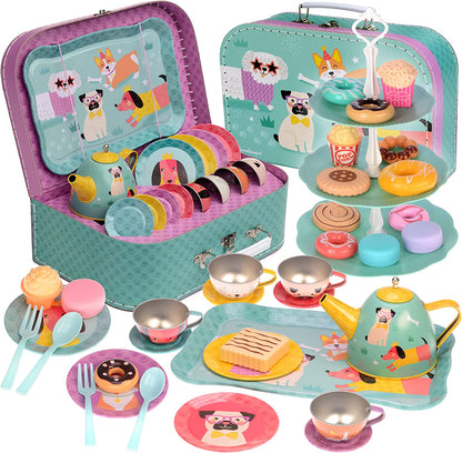15 Piece Kids Pretend Toy Tin Tea Set & Carrying Case