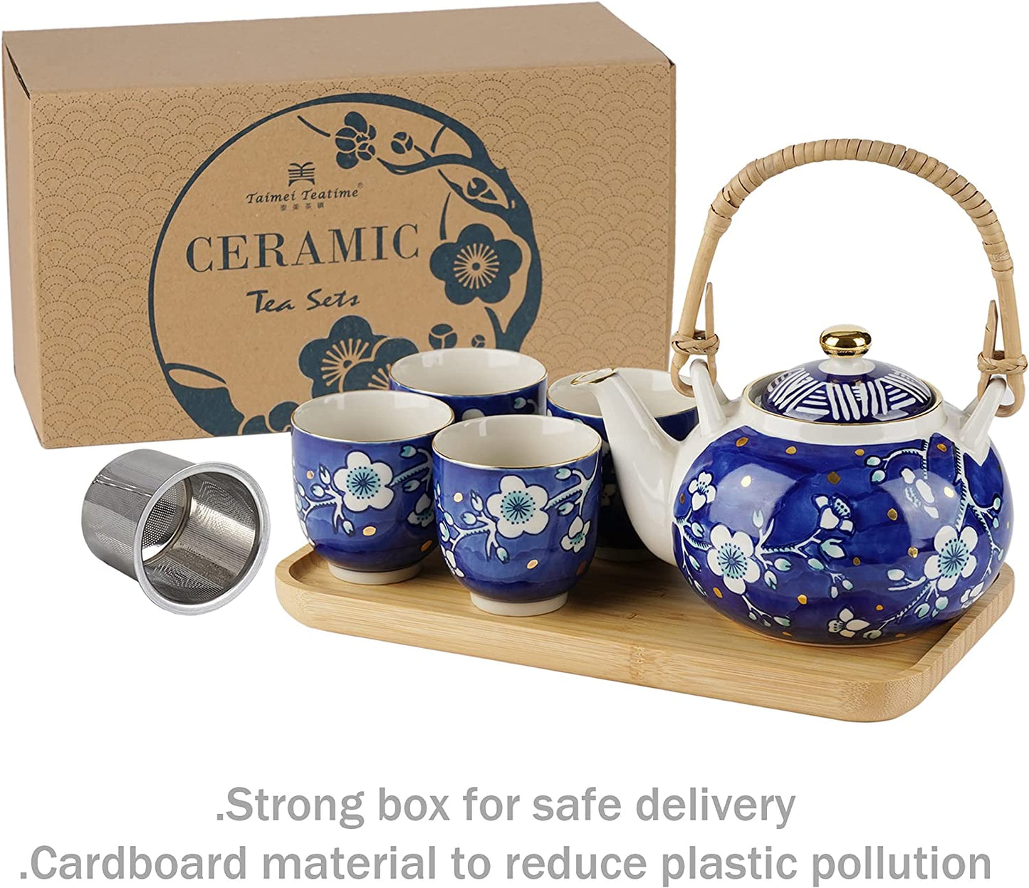 Cobalt Japanese Ceramic Tea Sets with 1 Teapot, 4 Tea Cups, Infuser, Tray