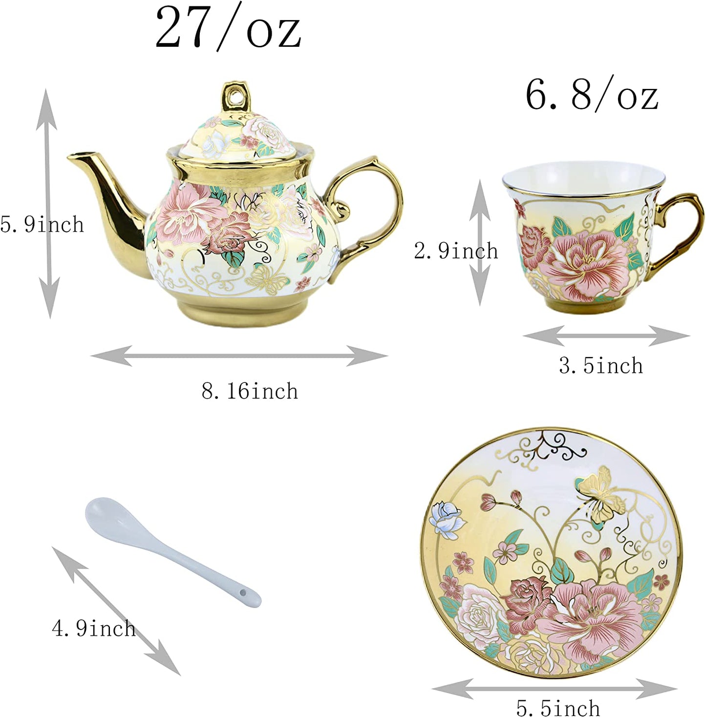 Gilded Pastel Garden 20 Pieces Porcelain Tea Set With Metal Holder
