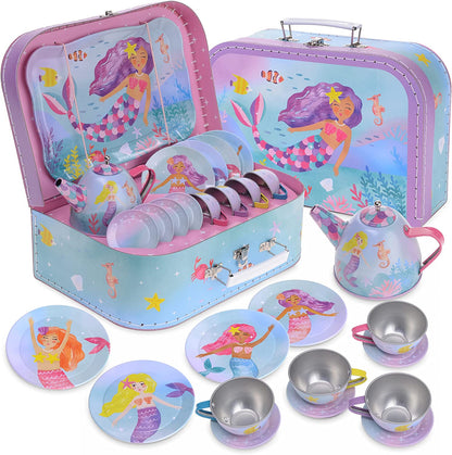 15 Piece Kids Pretend Toy Tin Tea Set & Carrying Case