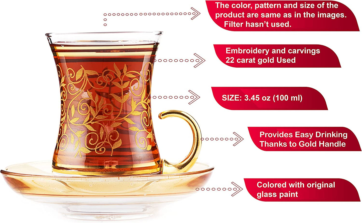 GOLDEN HORN Turkish Tea Set with 22k Gold Carved Tea Cups and Saucers - 6 Tea Glass 3.45 floz(100 ml) Each and 6 Glass Painted Saucers - Packaged in a Special Gift Box Tea Cup Sets (Yellow)