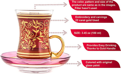 GOLDEN HORN Turkish Tea Set with 22k Gold Carved Tea Cups and Saucers - 6 Tea Glass 3.45 floz(100 ml) Each and 6 Glass Painted Saucers - Packaged in a Special Gift Box Tea Cup Sets (Yellow)