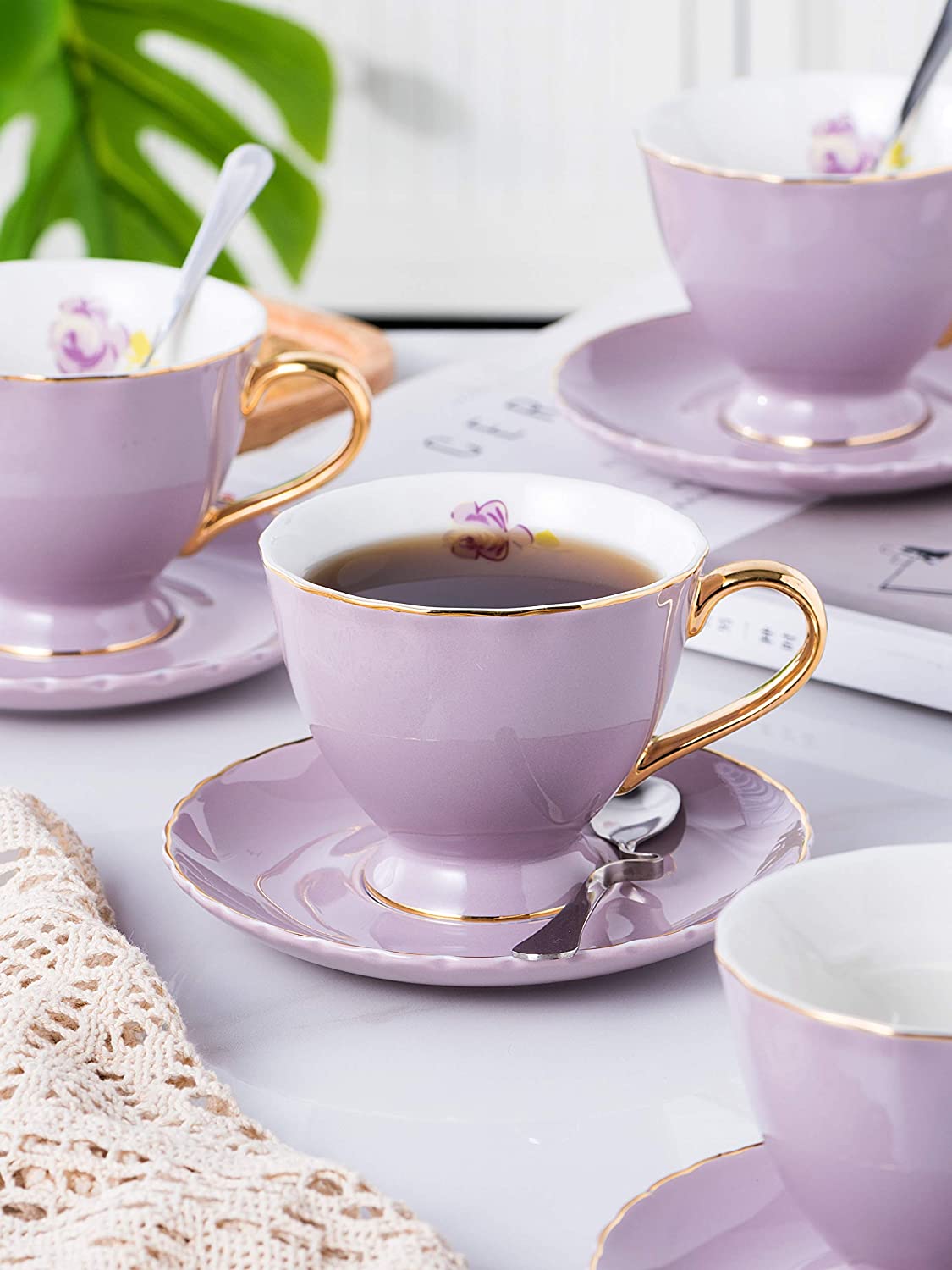 Jusalpha® Porcelain Tea Cup and Saucer Coffee Cup Set with Saucer and Spoon  Set of 6 (FD-TCS02 purple (6), 7oz)
