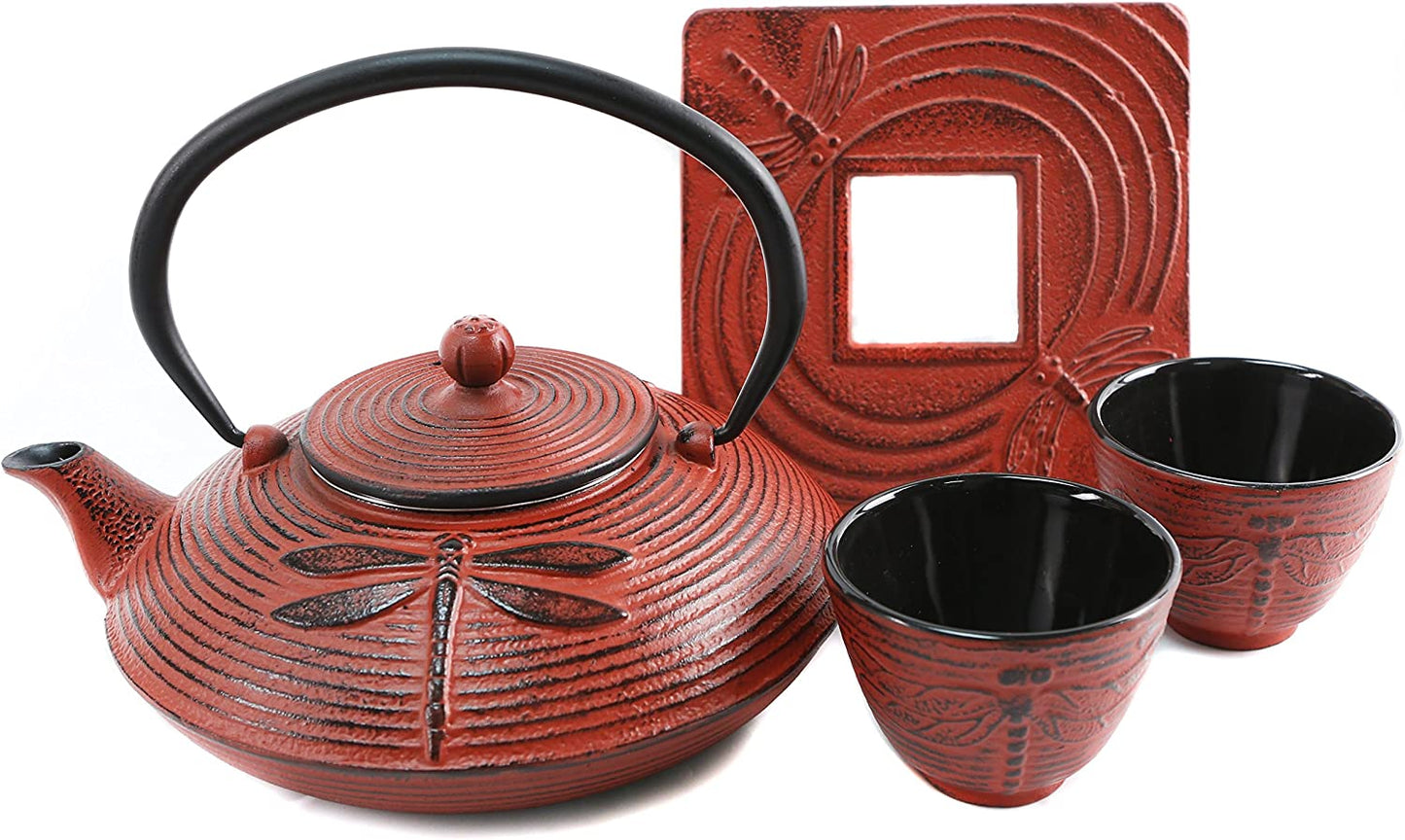 Dragonfly Cast Iron Teapot Set with 2 Cups 27oz Red