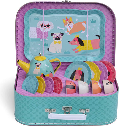 15 Piece Kids Pretend Toy Tin Tea Set & Carrying Case