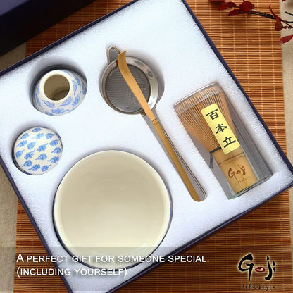 Goji Lifestyle Matcha Whisk Set - Matcha Bowl, Bamboo Whisk, Stainless Sifter, Matcha Whisk Holder, Bamboo Scoop, Tea Powder Caddy - Japanese Tea Ceremony Matcha Kit