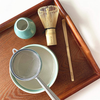 CHAQI Matcha Accessories Kit Include 5 items-100 Prongs Bamboo Whisk Chasen,Bamboo Scoop,Stainless Steel Tea Sifter and Ceramic Matcha Bowl & Whisk Holder (Cyan)