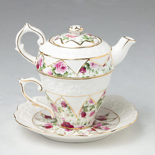 Gracie China by Coastline Imports 4-Piece Porcelain Tea for One, Stacked Teapot Cup Saucer, Red Rose