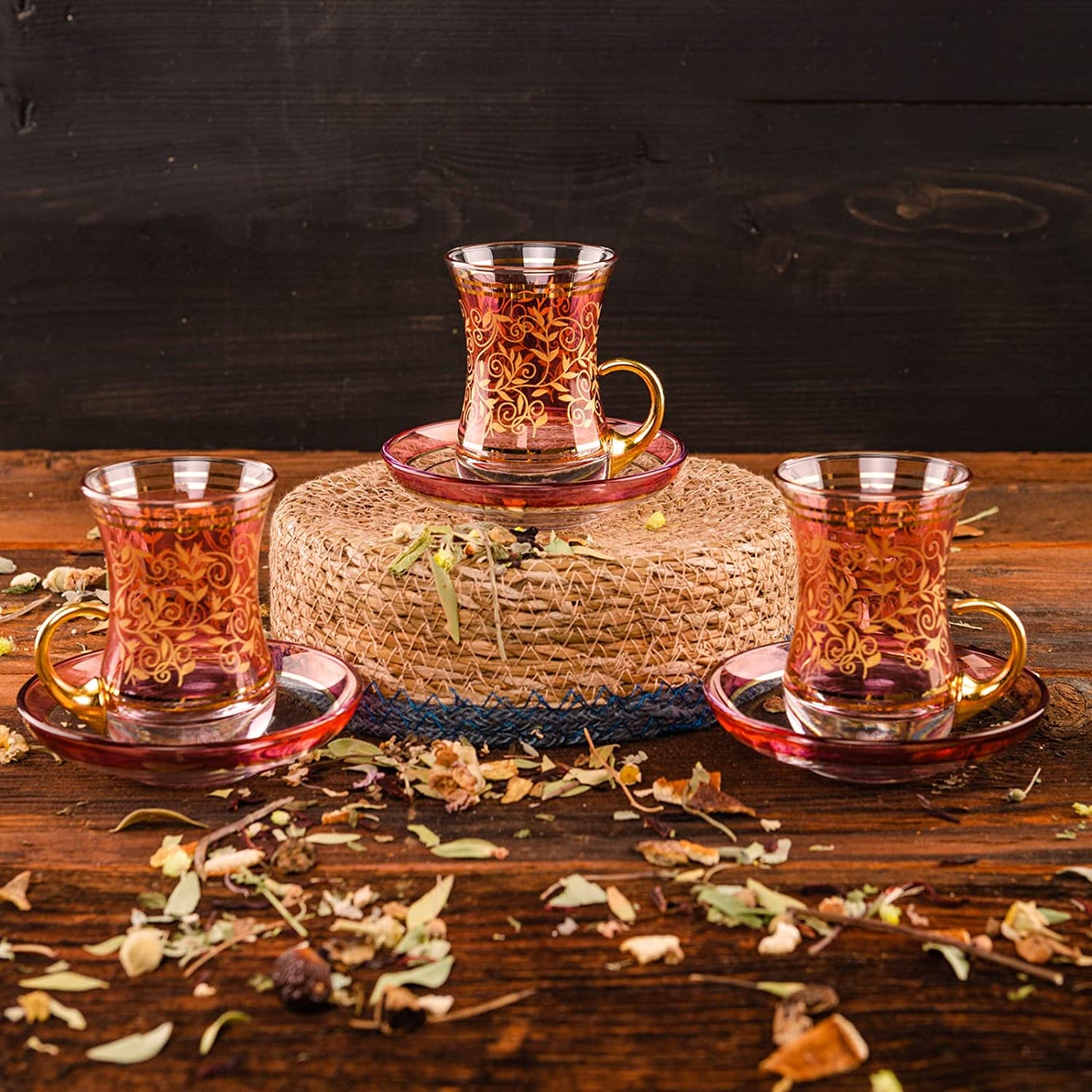 GOLDEN HORN Turkish Tea Set with 22k Gold Carved Tea Cups and Saucers - 6 Tea Glass 3.45 floz(100 ml) Each and 6 Glass Painted Saucers - Packaged in a Special Gift Box Tea Cup Sets (Yellow)