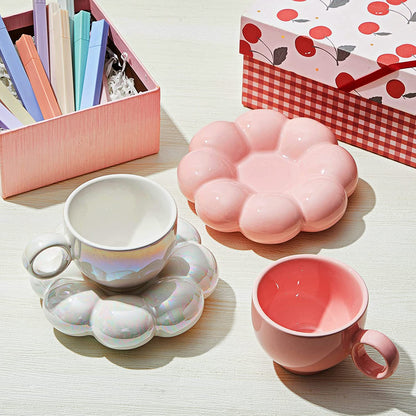 2 Pieces Ceramic Cloud Mug Cute Cup with Coaster 7oz Cute Ceramic Coffee Mug with Saucer Set for Office Home Coffee Tea Latte Milk, Pink and Pearl White (Chubby)