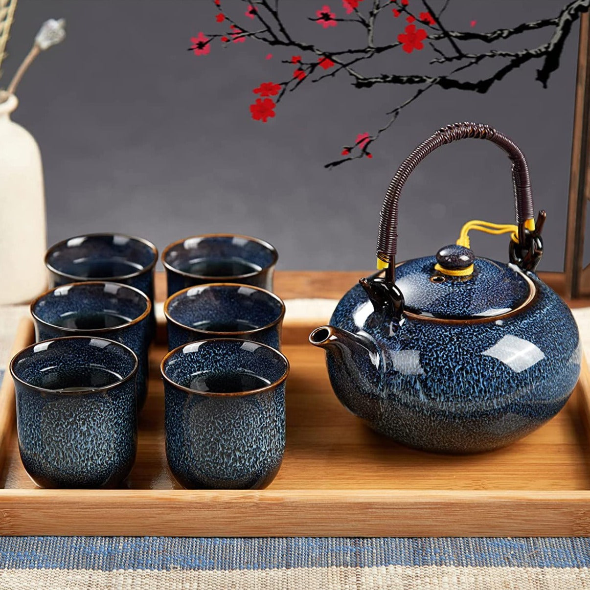 Kiln Porcelain Japanese Tea Set for 6with 1 Teapot, 6 Tea Cups & 1 Tea Tray