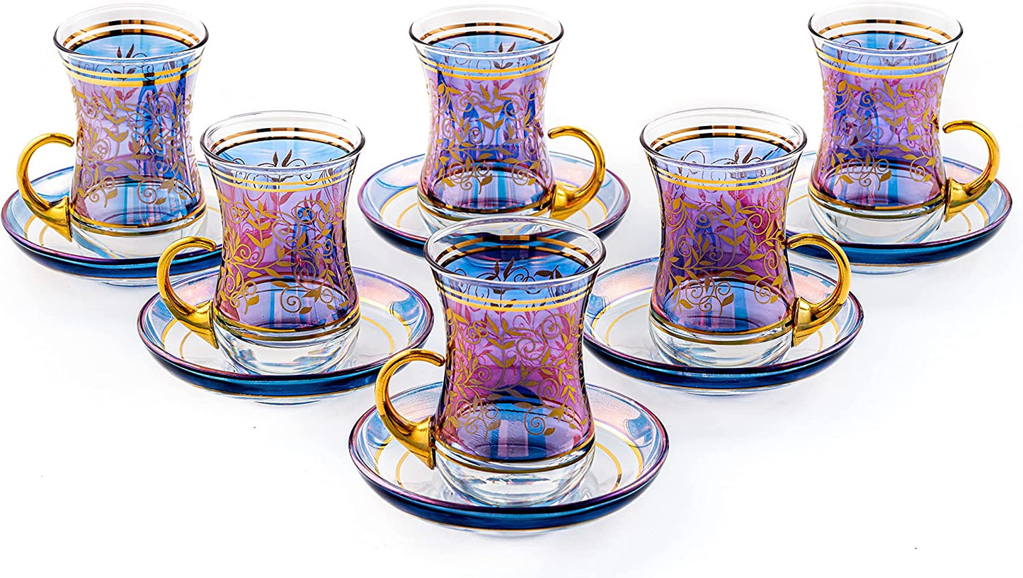 GOLDEN HORN Turkish Tea Set with 22k Gold Carved Tea Cups and Saucers - 6 Tea Glass 3.45 floz(100 ml) Each and 6 Glass Painted Saucers - Packaged in a Special Gift Box Tea Cup Sets (Yellow)